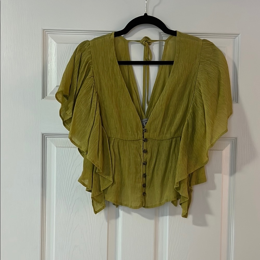 Green and Yellow Flutter Sleeve Ruffled Blouse